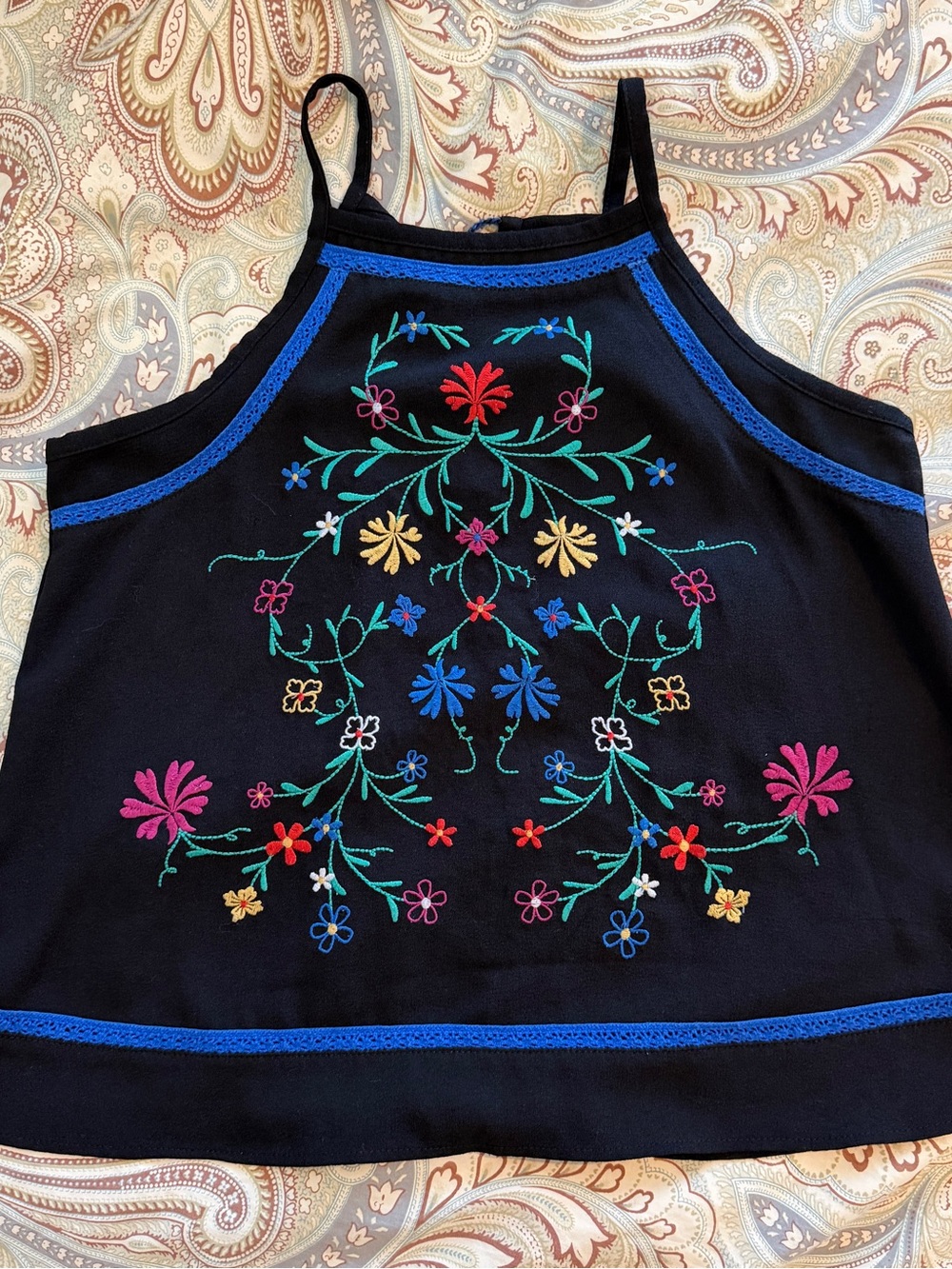 Xhilaration Black Tank Crop Top with Multicolor Floral Embroidery and Blue Trim